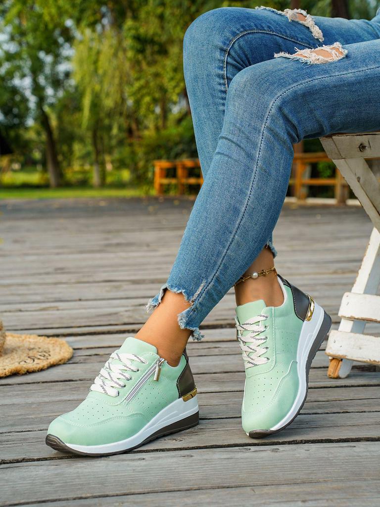 European & American Wedge Heel Fashion Sneakers: Versatile, Plus-Size, Color Block, Thick Sole Casual Shoes for Women