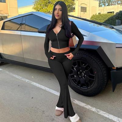 Street Style New Zipper Long-sleeved Hooded Top High Waist Flared Trousers Fashionable Two-piece Suit for Women