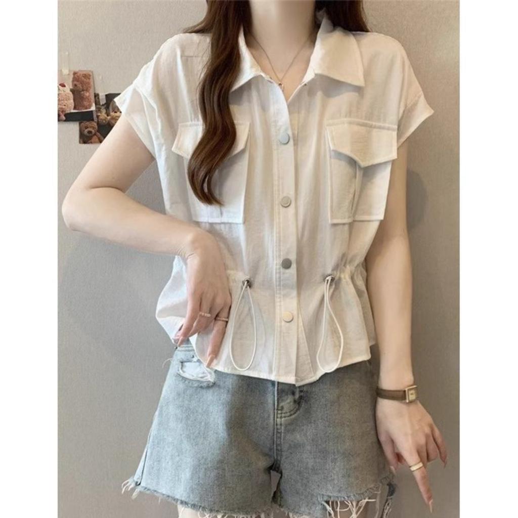 Belly,covering PLOL Collar Workwear Shirt For Women, Summer Plus,size Slimming Drawstring Casual Top