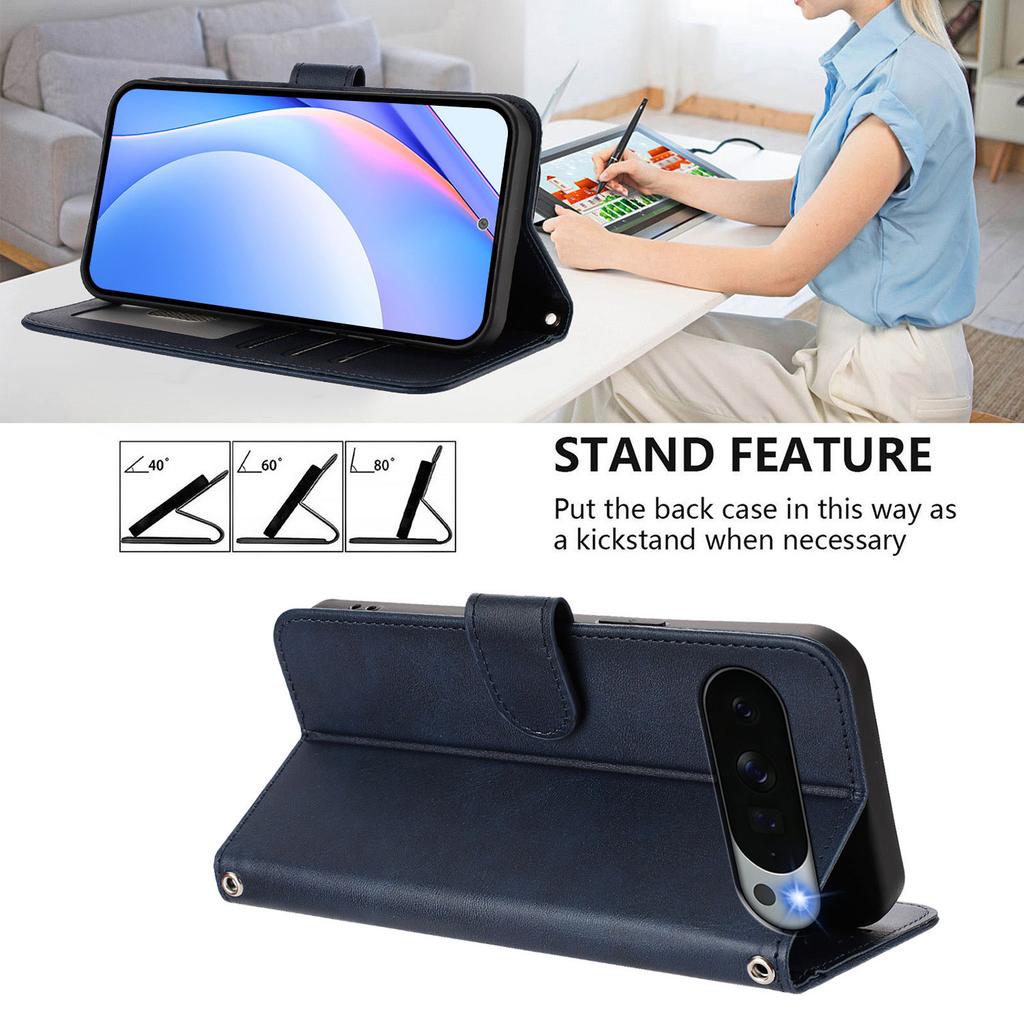 Wallet Case for Pixel - Leather/PU, Blue, With Lanyard