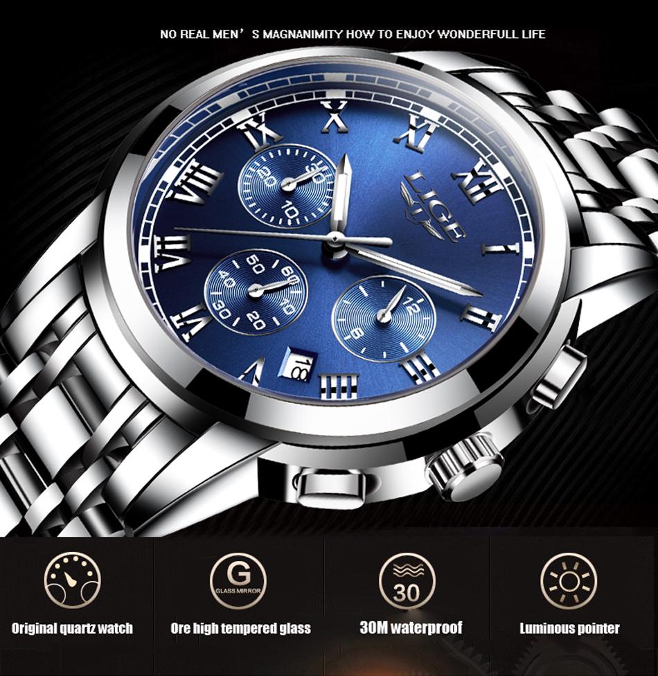LIGE Waterproof Man Wristwatch Men's Watch Quartz Stainless Steel Band Chronograph Calendar Luxury Watches Relogio Masculino