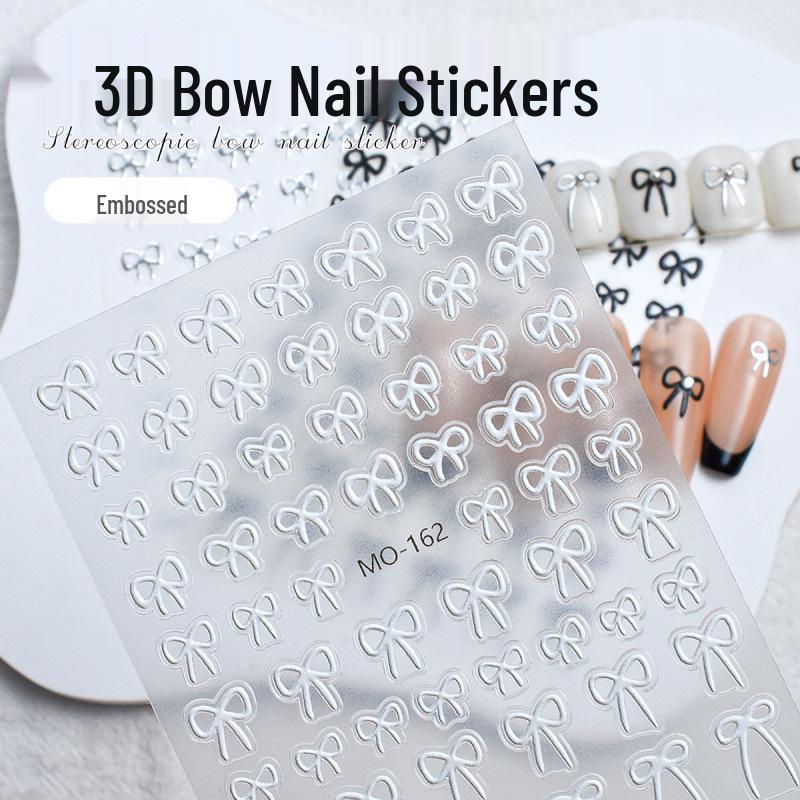 3D Bowknot Nail Stickers: Black, White & Silver Self-Adhesive Decals