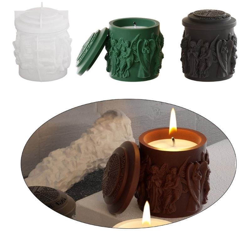 Silicone Storage Jar Mold with Lid Angel Statue Candle Holder Mould Set for Resin Cement Concrete and Plaster Craft Home