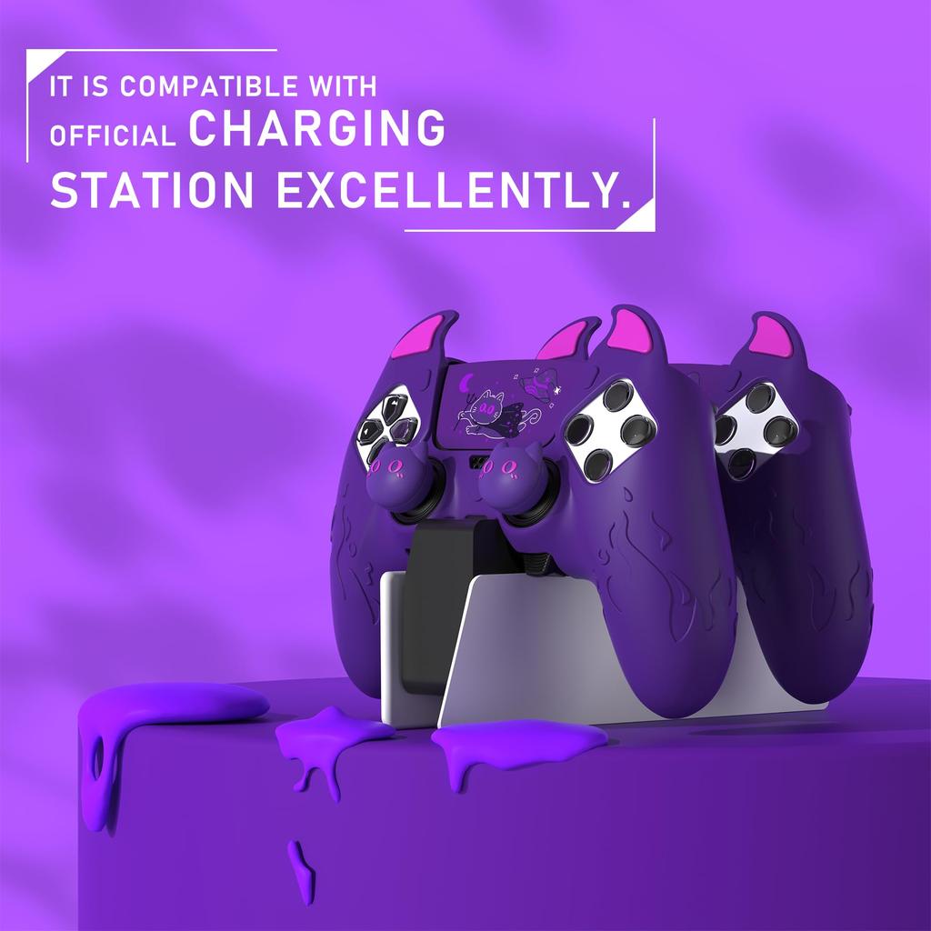 PlayVital Silicone Cover for PS5 Edge Cute Devil Protective Case for Includes Touchpad Sticker Stick Purple Controller, Design, Edge, & Cover,