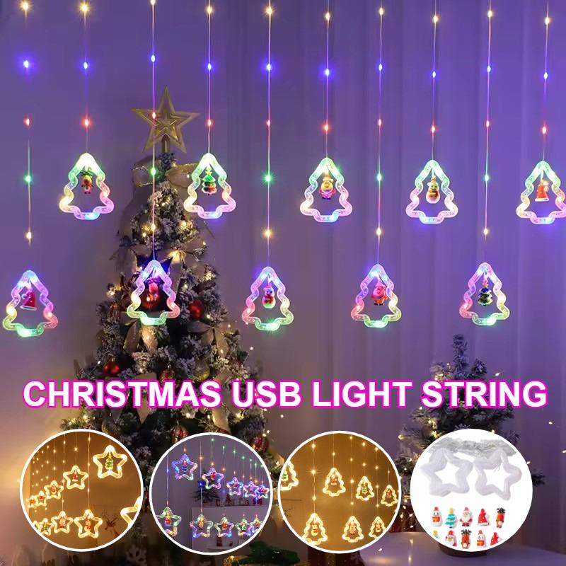 Christmas Lights LED String Lights USB Powered Fairy Lights with 8 Modes Santa Star Curtain Lights for Bedroom Window Xmas Tree Party Decorations