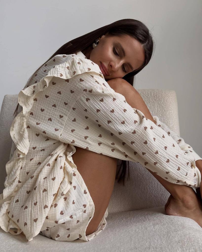 Fashion Ruffle Heart Cotton Linen Homewear Set