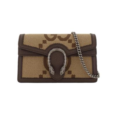 Gucci Dionysus Super Double G Monogramm Clutch Tasche Leinwand Mit Lederbesatz Kettenglied Crossbody Mini Damen Beige Braun