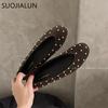 Fashion SUOJIALUN Autumn New Brand Women Flat Shoes Fashion Polka Dots Round Toe Shallow Slip On Boat Shoes Outdoor Dress Single Shoes