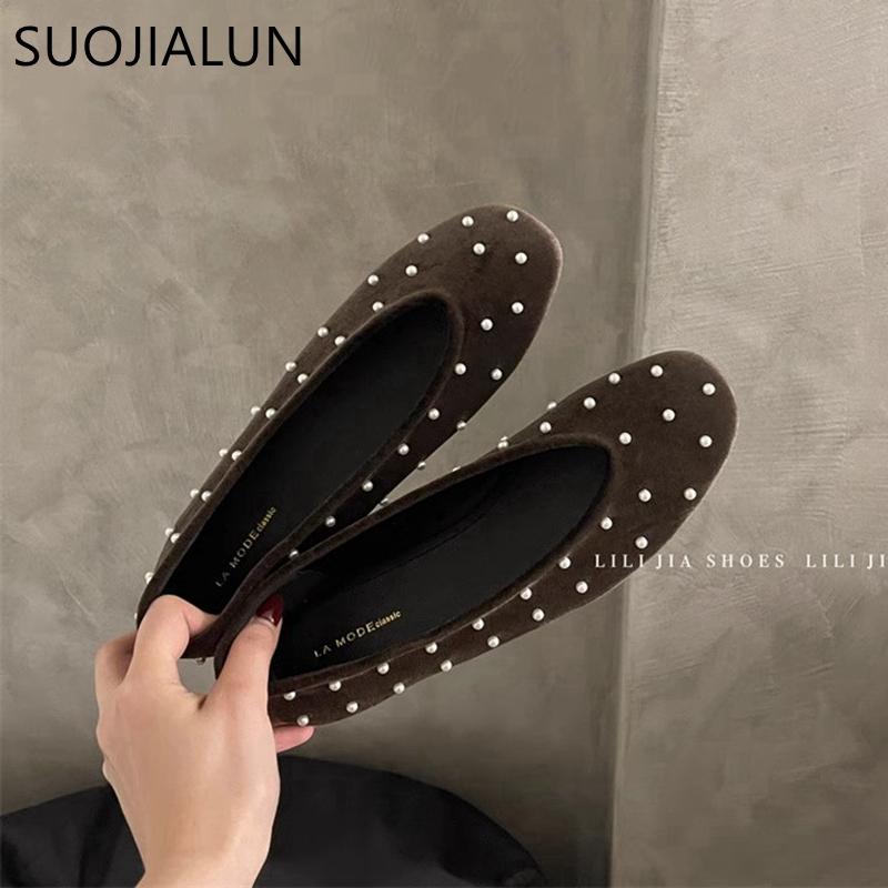 Fashion SUOJIALUN Autumn New Brand Women Flat Shoes Fashion Polka Dots Round Toe Shallow Slip On Boat Shoes Outdoor Dress Single Shoes