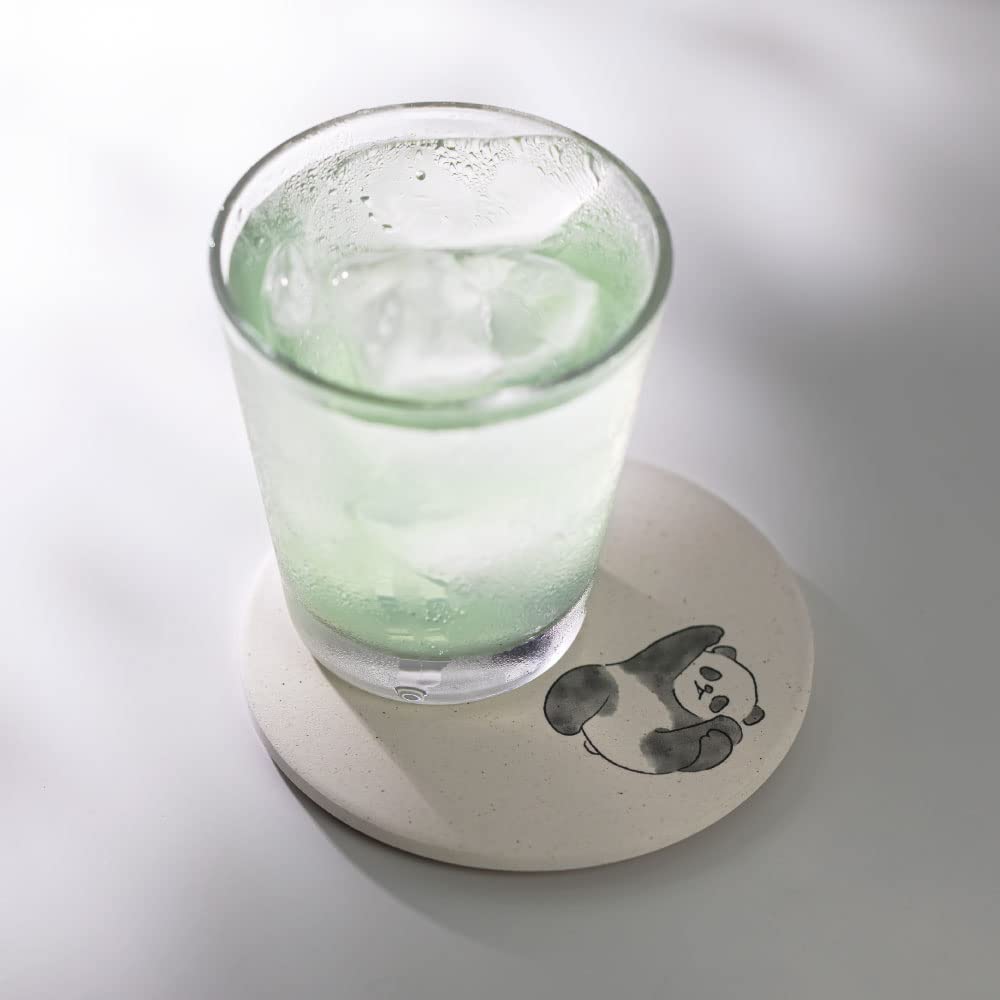 &NE Ceramic Diatomaceous Earth Coaster, Panda, Round, White, 1 Piece, 9.7cm Diameter X 0.6cm Thick, Absorbent Coaster, Made In Japan, Mino Ware,