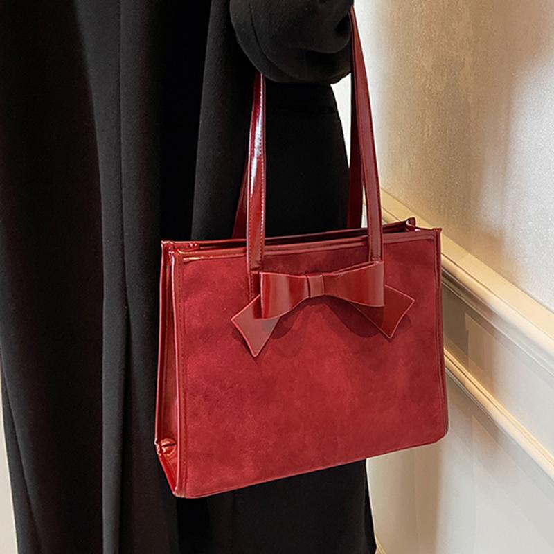 Luxury Red Bridal Tote Bag Retro PU Suede Splicing One Shoulder Bags Autumn Winter Women Sweet Bow Large Capacity Handbags