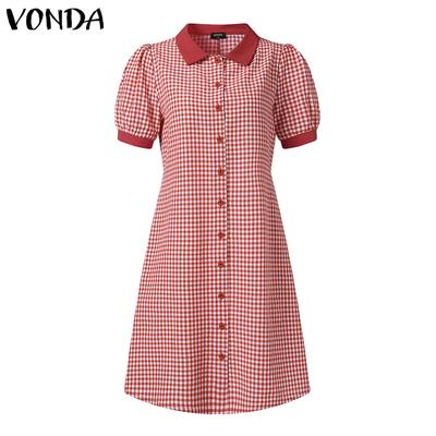 Sommer Damen Patchwork Reverskragen Kurzarm Schmale Taille Karomuster Sonnenkleid