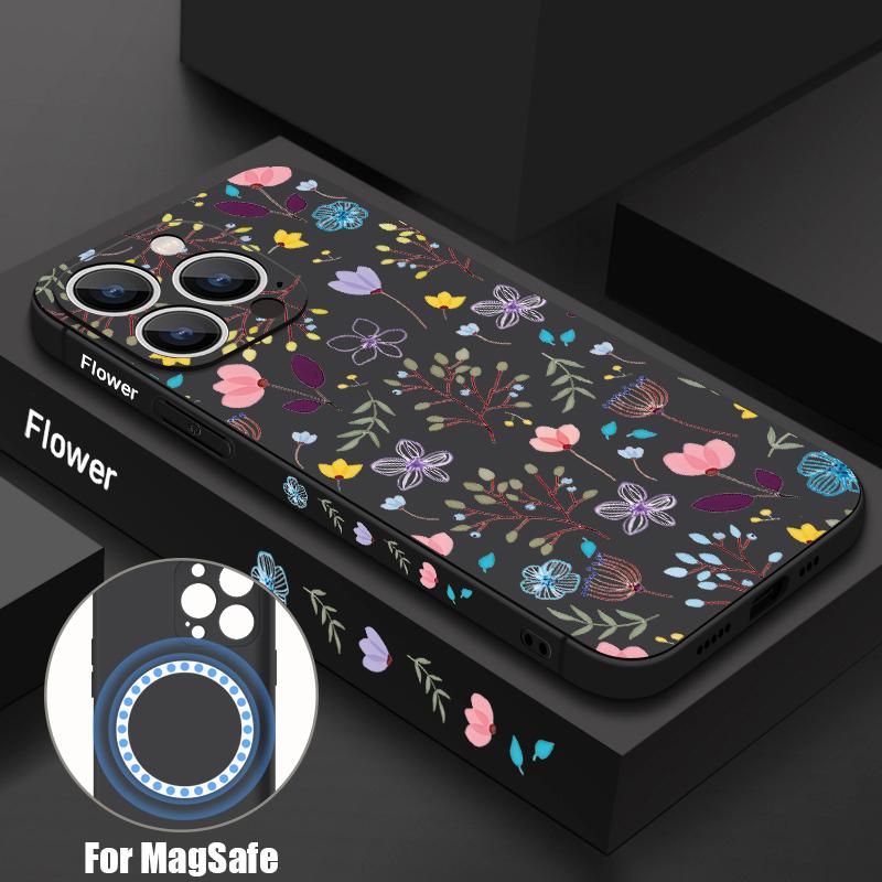 Foral Print Pattern Phone Case For iPhone 16 15 14 13 12 Pro Max 11 16E Magnetic For Magsafe Wireless Charge Soft Silicone Cover