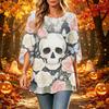 Women's Casual Loose Fit Three-Quarter Sleeve Neck Top with Halloween Print