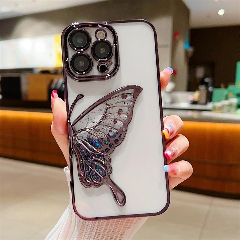 

Роскошный чехол с гальваническим покрытием, прозрачный, с блестками и зыбучим песком, с бабочкой для iPhone 16 Pro Max 15 14 13 12 11, мягкий силиконовый противоударный бампер For iPhone 15