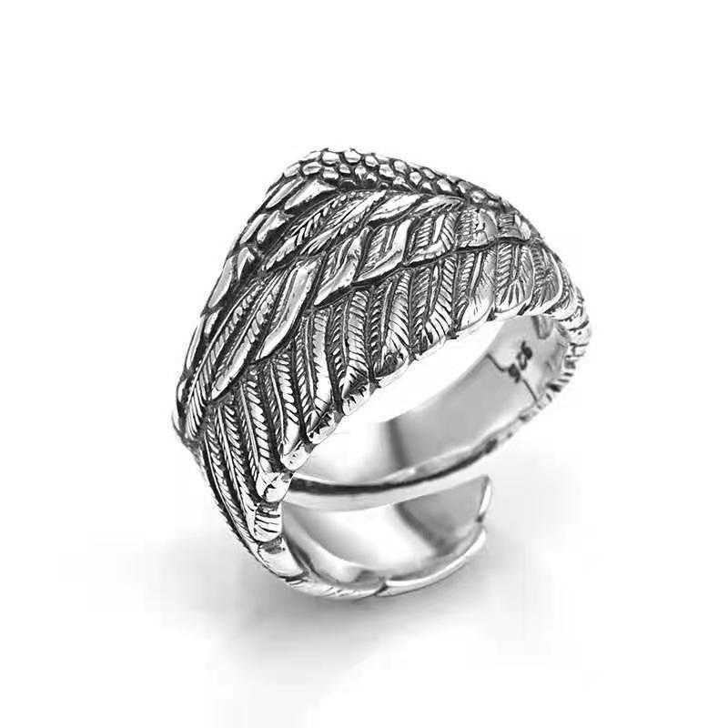 Adjustable Open Ring Men Women Sterling Feather Wing Design Retro Vintage Geometric Finger
