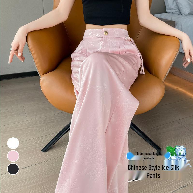 2026 Summer Women's Jacquard Ice Silk Narrow & Wide Leg Pants: Chinese Style Suit