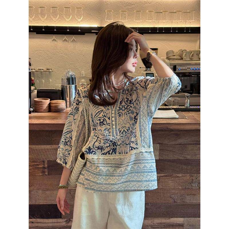 

French Romantic Tops Summer Elegant Idle Style Classy Stylish Lace Lace Ethnic Style Blue Print Shirt Blue Printed Shirt S
