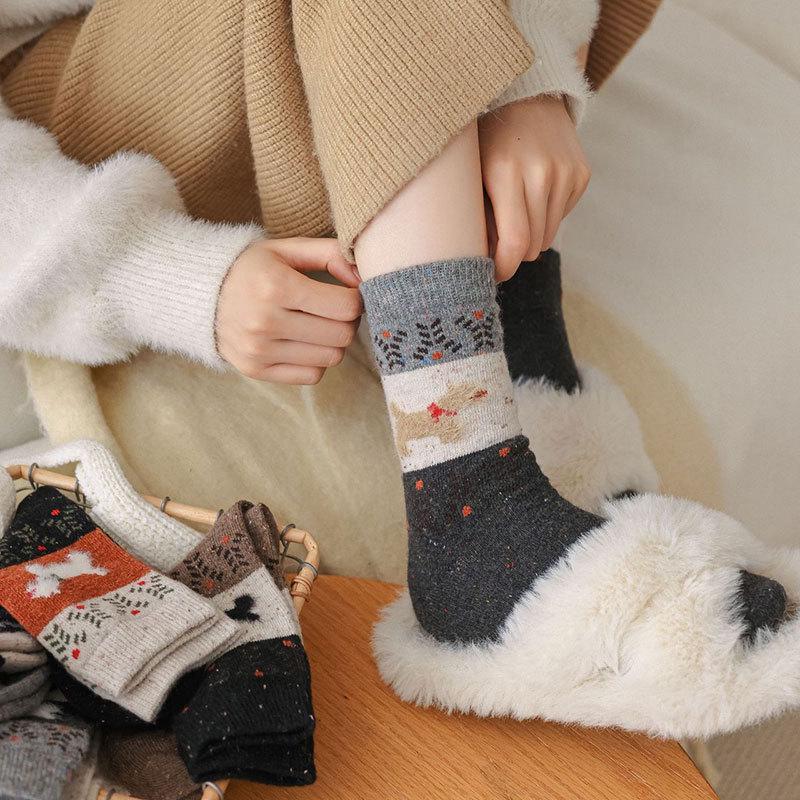 Retro Fair Isle Women's Mid-Calf Puppy Socks - Warm, Thickened, Cute for Autumn/Winter