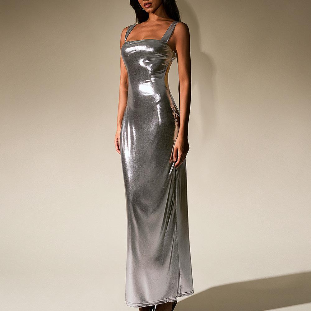 Innovative Fog Gold Fabric Dress, European and American Sexy Backless Back Split Square Neck Dress