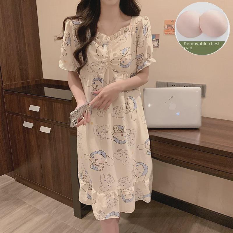 2024 Sommer-Kurzarm-Nachthemd mit Brustpolster – Niedlicher Wolken-Baumwoll-Cartoon-Prinzessinnen-Stil