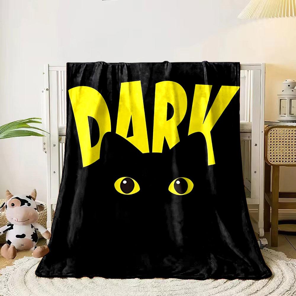 Bold yellow DARK text with black cat silhouette and glowing yellow eyes. for all seasons blanket lunch break throw gift 80cm x 120cm