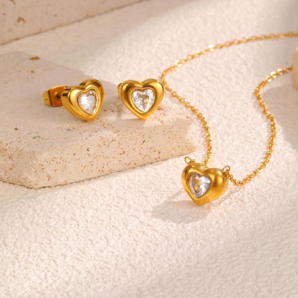 Vnox Radiant Heart Cubic Zirconia Stud Earrings For Women,Stainless Steel Earring Necklace Set,Fashion Jewelry Mother's Day Gift