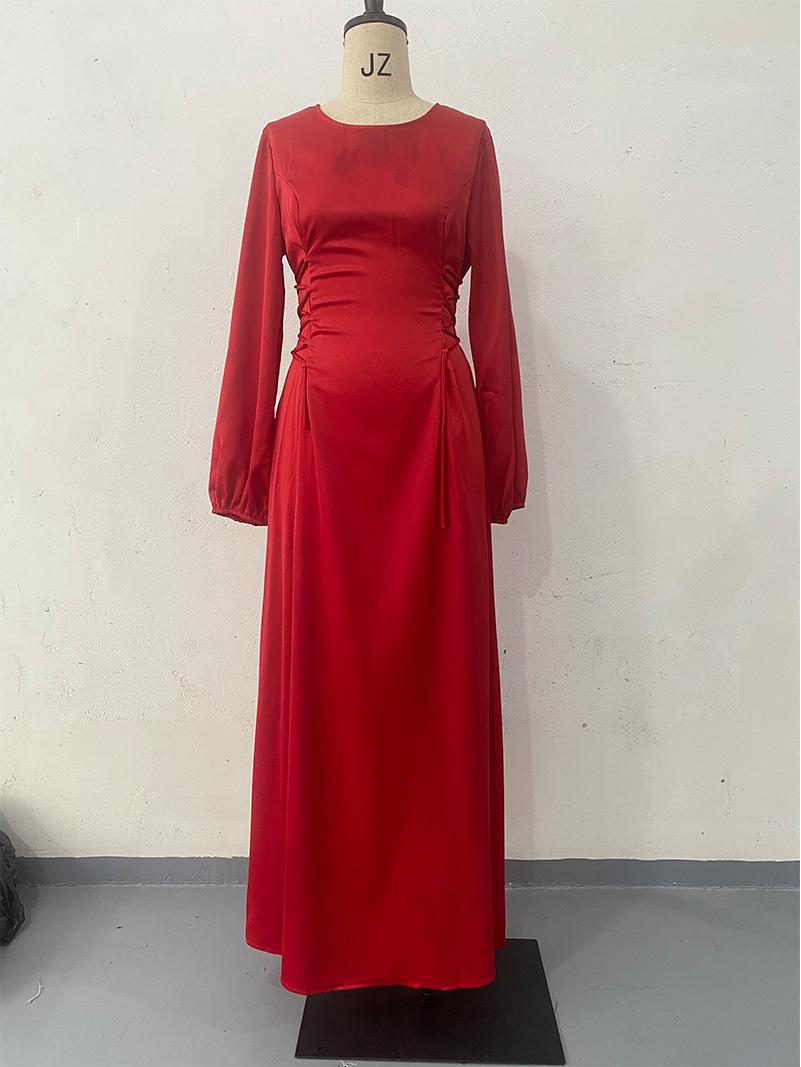 

2026 Spring European and American Puff Sleeve Waist-Cinching Lace-Up Long Dress XL красный