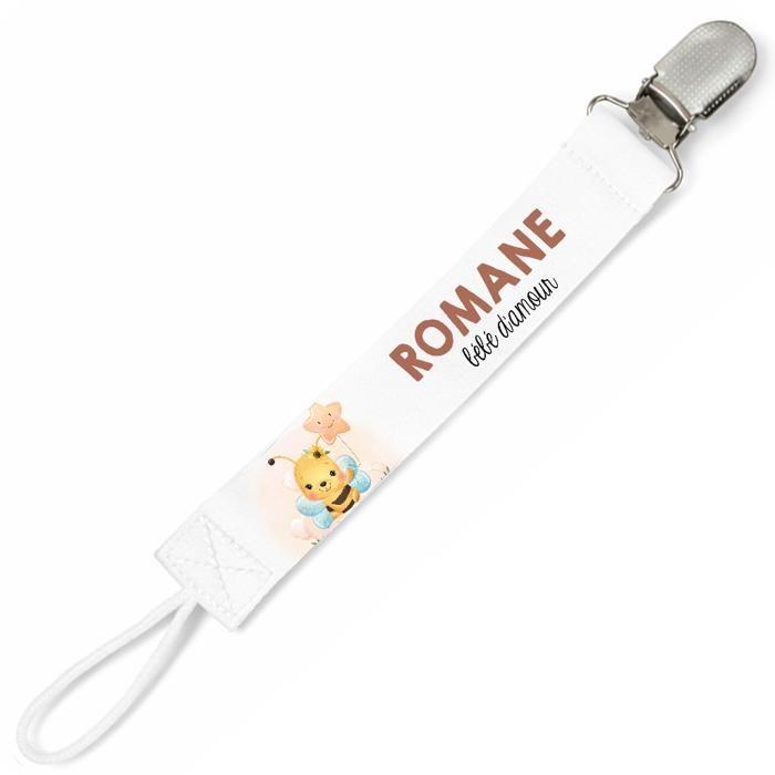 Planetee Attache tétine pour prénom ROMANE bébé d'amour Abeille | Attache sucette cadeau naissance