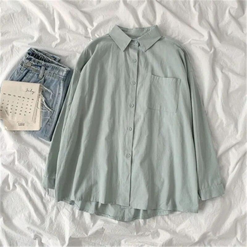 Preppy Style Solid Color Shirt  Autumn Women Korean Fashion Turn Down Collar Blouse Loose Long Sleeve Tops Clothes 30269