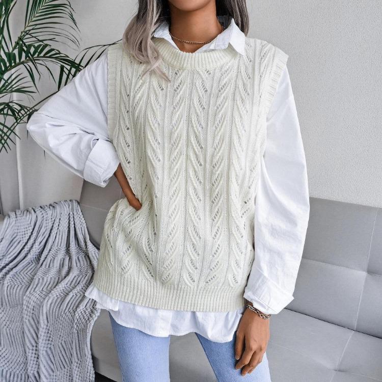 Women Crew Neck Sleeveless Knit Sweater Solid Color Tank Top Cutout Leaf Design Fall Winter Sizes S-L