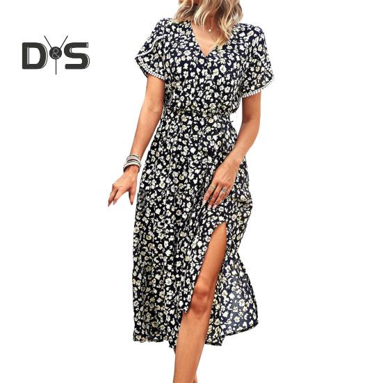 

Жіноча літня сукня з квітковим принтом, вільний поділ, печворк, короткі рукави, нерегулярні короткі рукави, розділений поділ, шнурівка, жіноча сукня міді з високою талією L