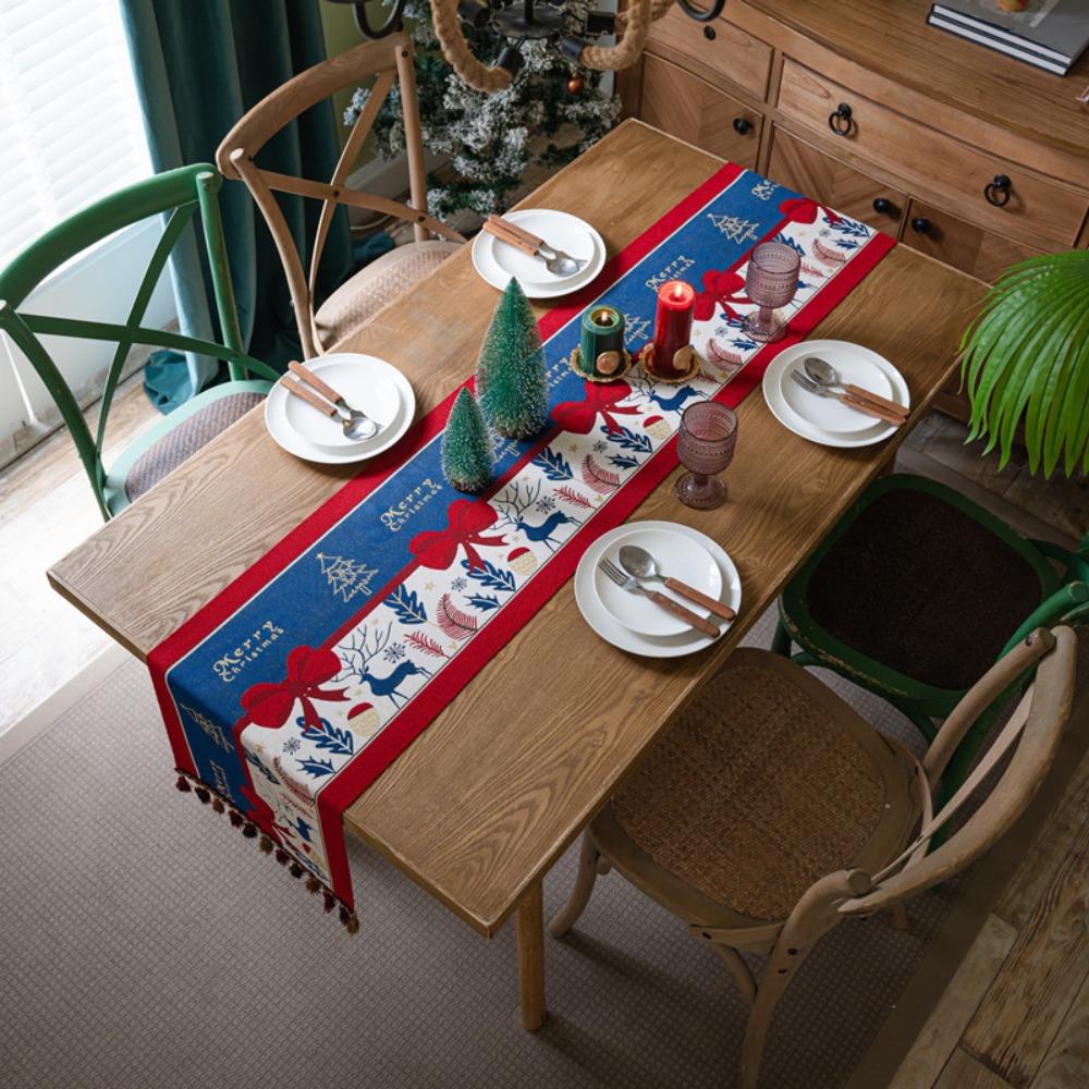 Christmas Snowman Jacquard Table Runner with Fringe Polyester Home Decor Tablecloth Bedspread