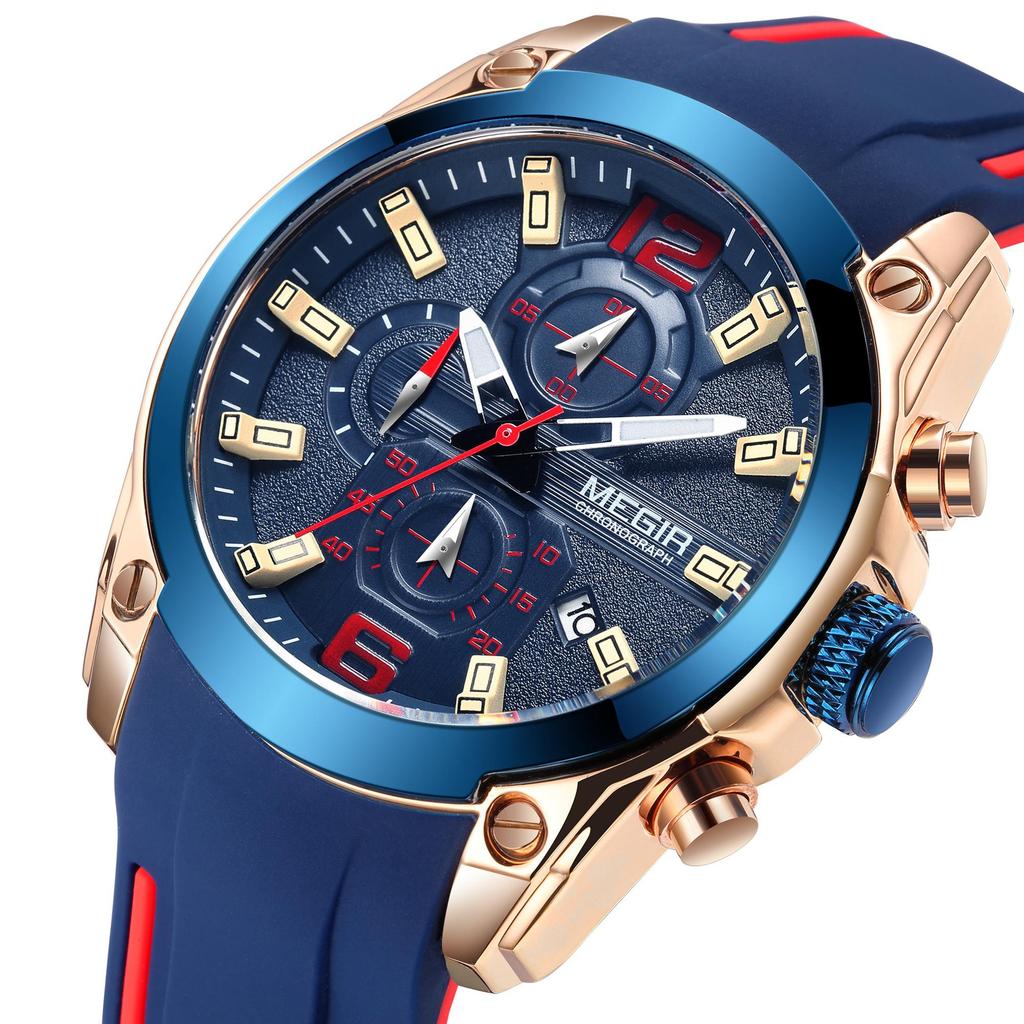 Megir Rose Blue Waterproof Sports Men Watches Clock Quartz Wrsitwatch for Man