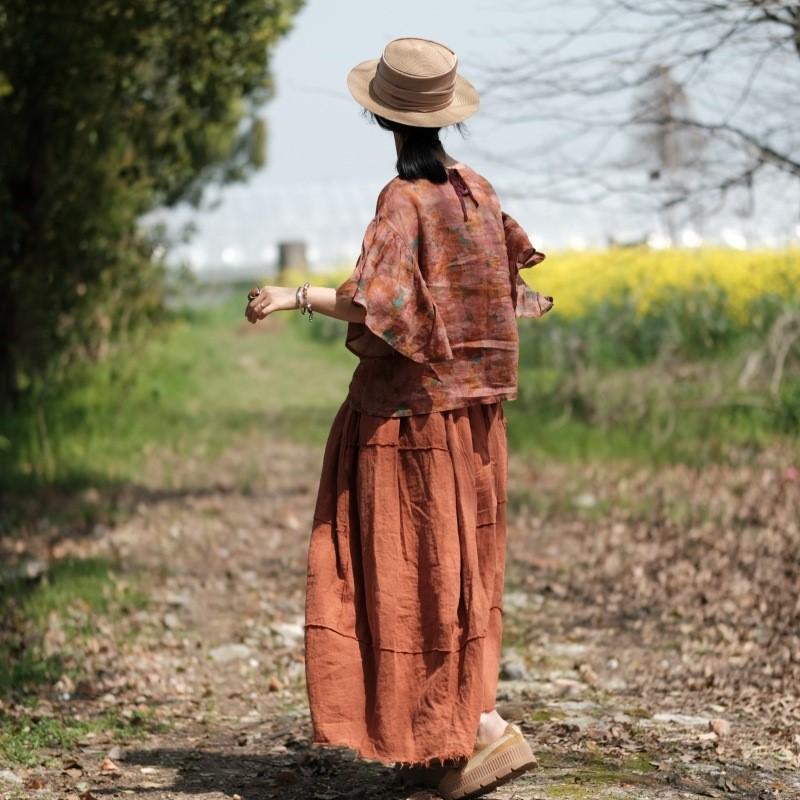 Johnature Mode Vintage Leinen Lose T-Shirt Frühling Sommer Frau O-Ausschnitt Casual Halbarm Blumen Druck T-Shirt