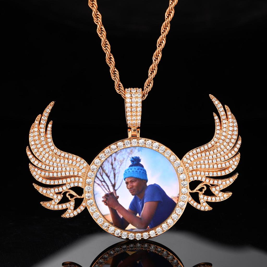 European & American Hip Hop Zircon Wing Photo Frame Pendant Necklace