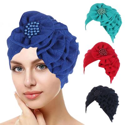 Ladies Hat Flower Faux Pearl Decor Multi Layers Solid Color Soft Breathable Elastic Anti-slip Decorative Indian Cap Bandana Beanie