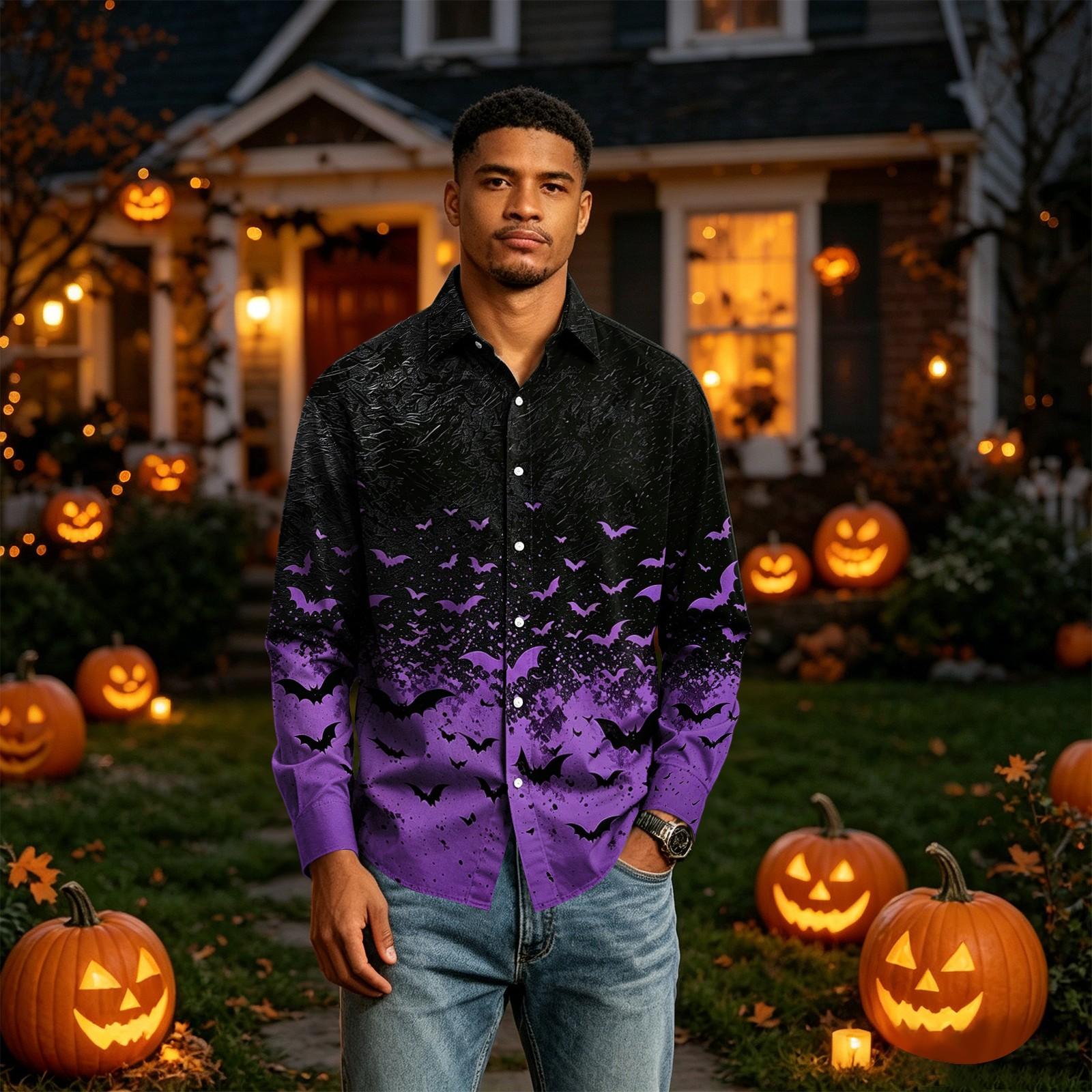 Men s Long Sleeve Button Down Shirt with Halloween Print L
