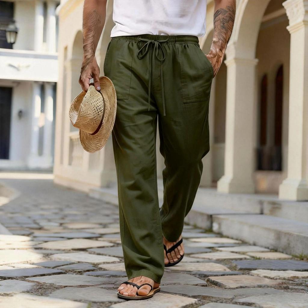 2026 Casual Men's Loose Summer Breathable Beach Pants with Drawstring and Straight Leg Design in Solid Colors.