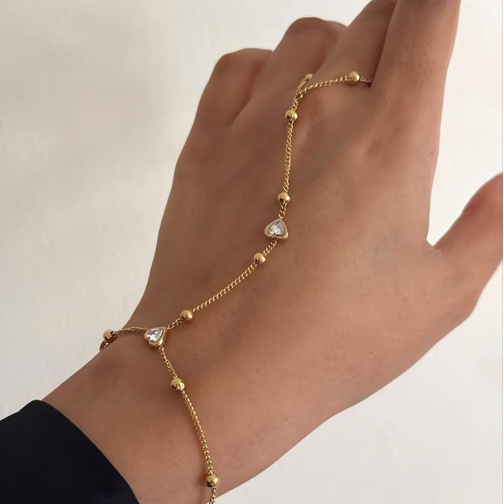 Boho Dainty Delicate Love Heart CZ Stainless Steel Hand Chain Bracelet for Women Waterproof Modern Finger Bracelet Jewelry Gift