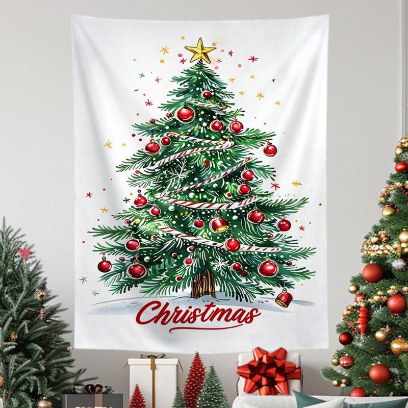 Weißer handgezeichneter Weihnachtsbaum Wandteppich Zuckerstange Rote Kugel Verzierungen Goldener Stern Feiertagstext Ästhetische Heimdekoration