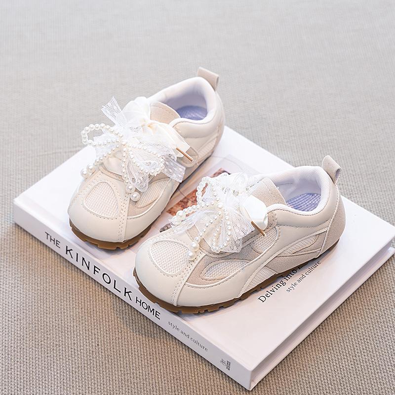 Dexun Shoes Classmate 2025 Autumn Korean Version Pearl Lace Bow Girls Low-top Children's Shoes Spot Fashion
