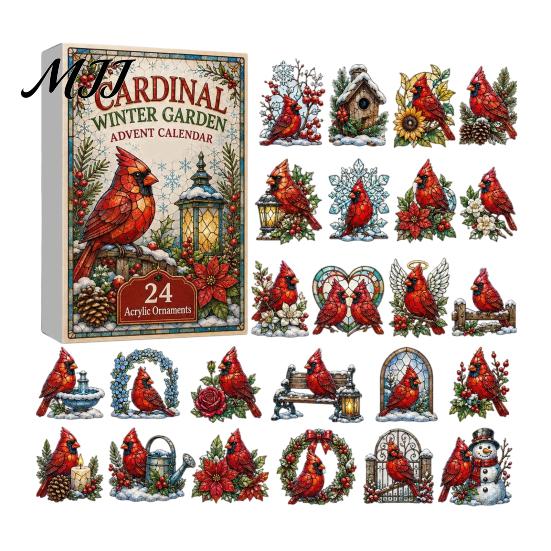 Bird Themed Hanging Ornaments Acrylic Christmas Advent Calendar Box with 24 Ornaments, Desktop Display Festive Countdown Decoration for Home