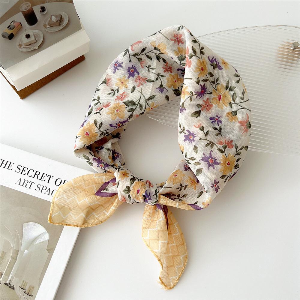 55cm Girls Cotton Linen Spring Square Scarf for Women Chic Headband Fashion Decorative Hairband Floral Neck Scarf