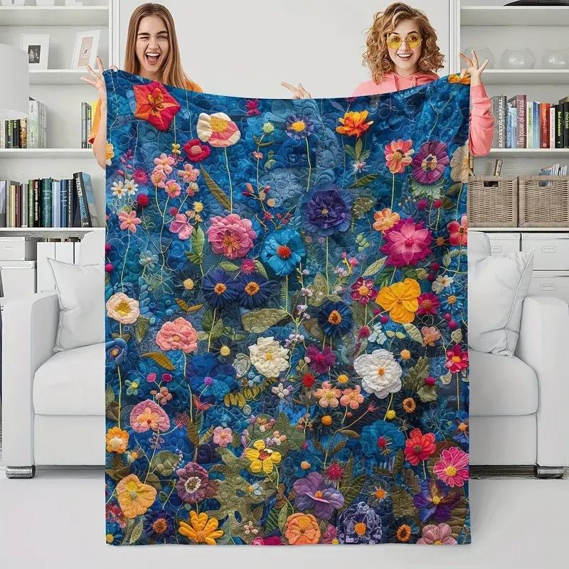 Cute Flower Pattern Digital-printed Polyester Bedroom Velvet Flannel Cover Blanket Fleece Soft Sofa Cover Blankets for Beds