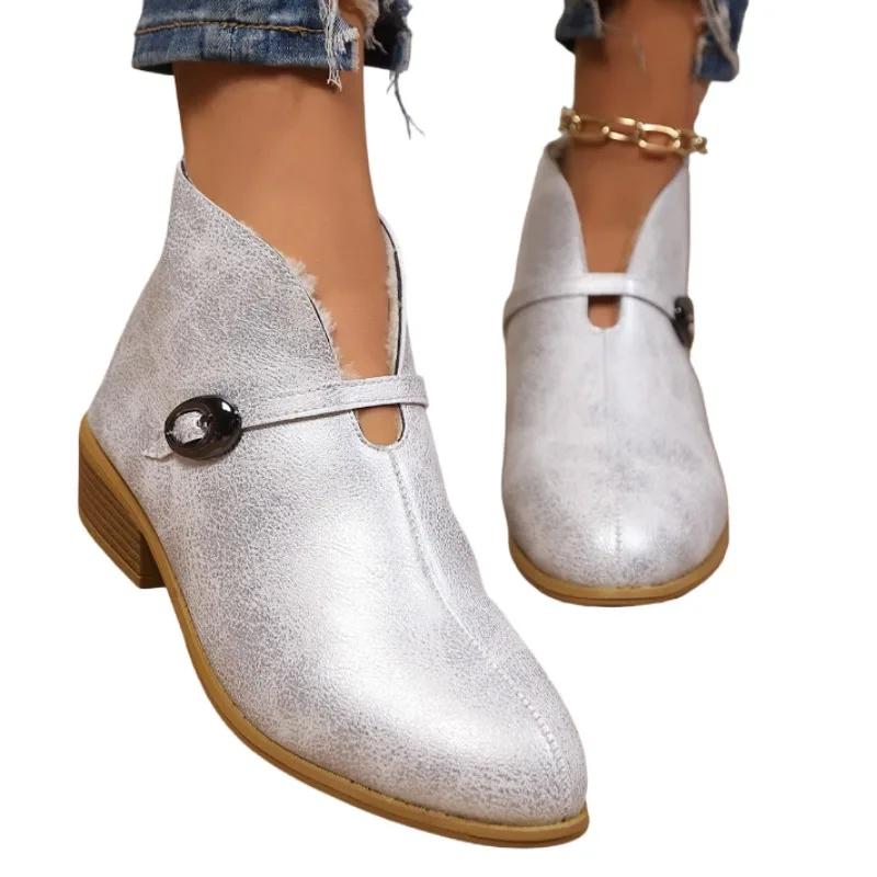 Fashion Mid Heels Women Snow Ankle Boots Short Plush Warm Shoes 2025 Winter Brand Casual Chelsea Boots Leather Goth Pumps Botas Mujer