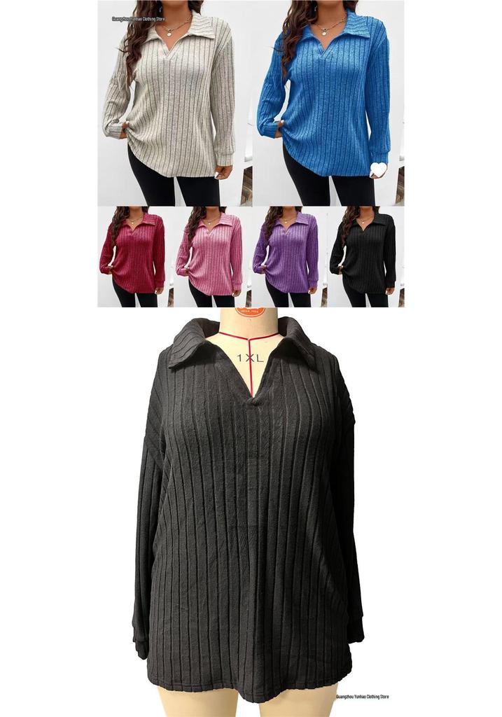2026 Autumn/Winter Plus Size Women's V-Neck Long Sleeve Ribbed Brushed Loose Top