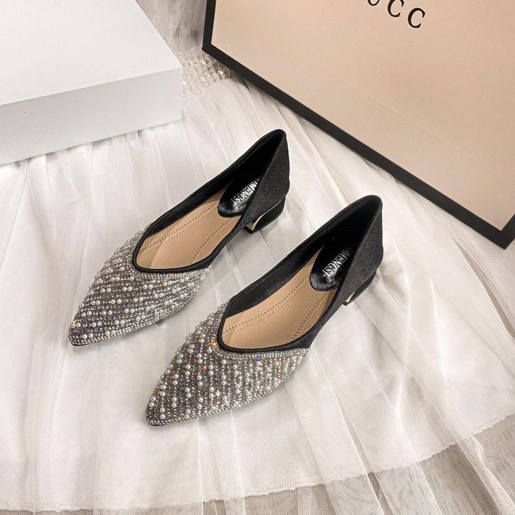 High-heeled Shoes All-match Summer New Women's Shoes French Sequin Rhinestone Pointed Toe Chunky Heel Single Shoes Large Size Women's Shoes 43