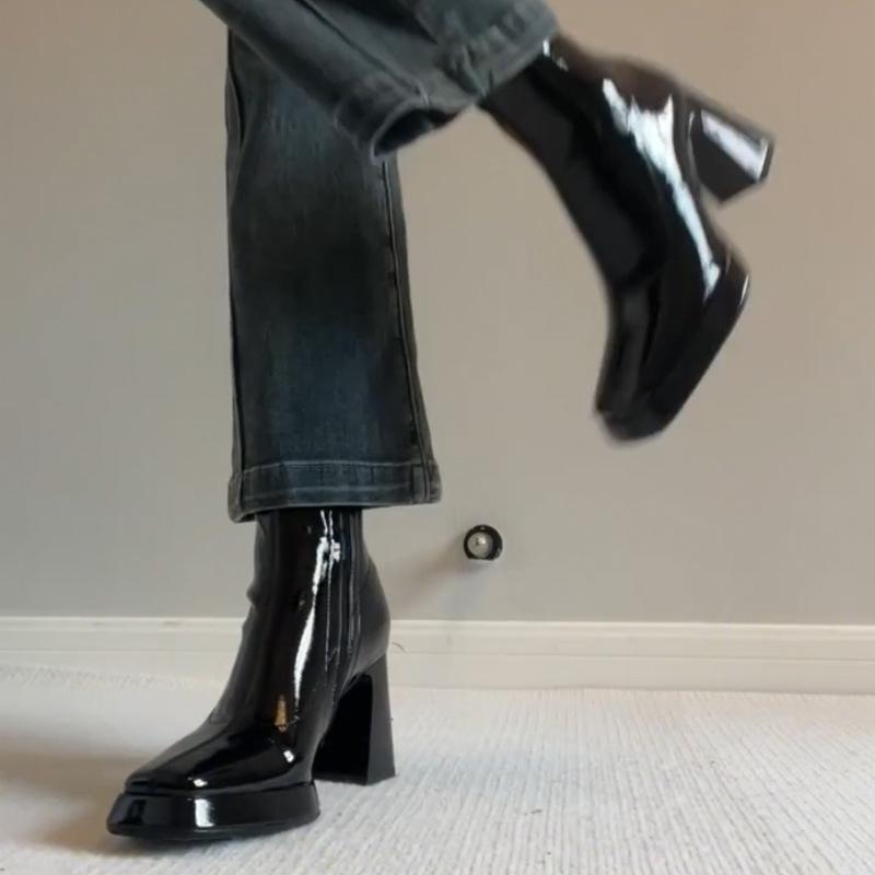 Fried Street~ New French Waterproof Platform Thick-soled Square Head High Heel Short Boots Women's Thick Heel Chelsea Boots Fleece Skinny Boots