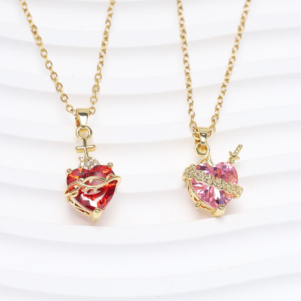 Luxury Pink Zircon Heart Necklace For Women Gothic Sword Go Through Love Choker Elegant Crystal Flower Necklaces Y2k Jewelry